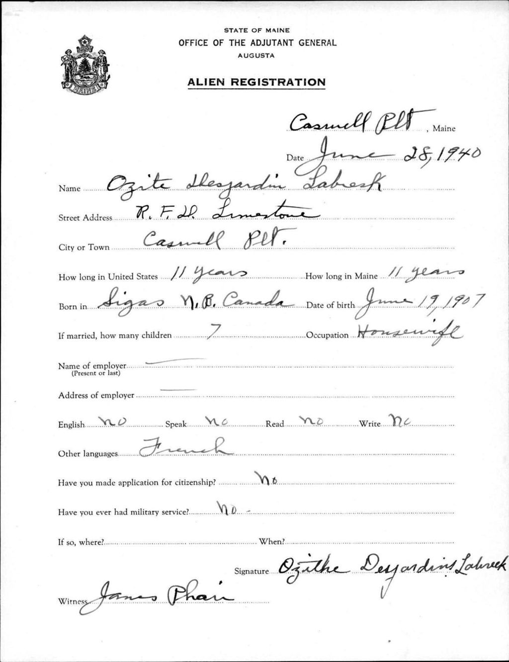 Miniature of Alien Registration- Desjardin, Ozite (Allagash, Aroostook County)