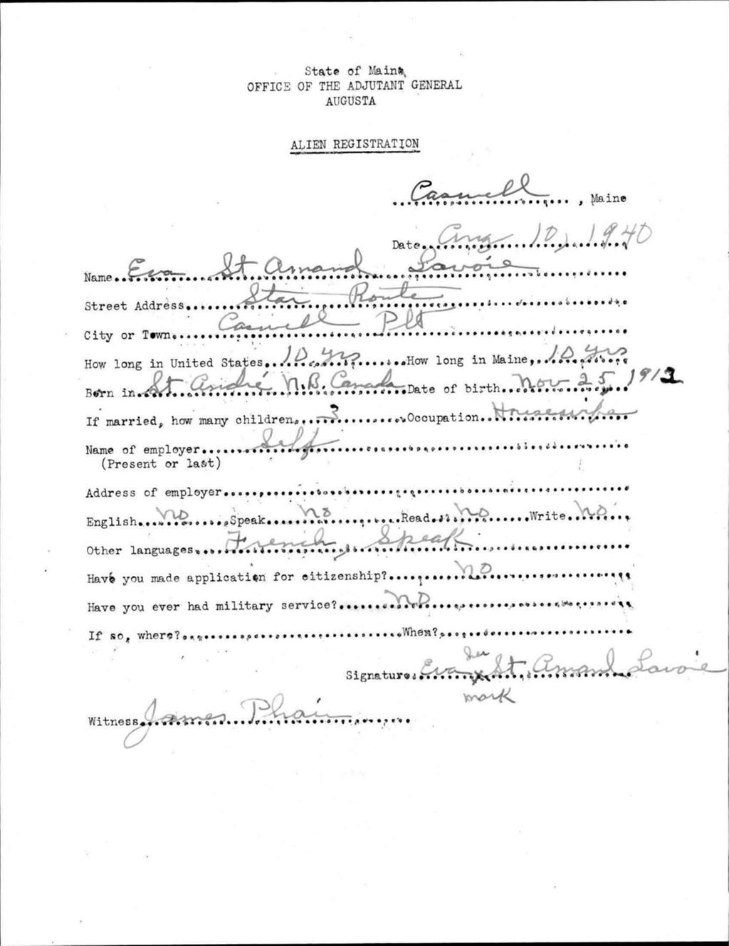 Miniature of Alien Registration- St Amand, Eva (Allagash, Aroostook County)