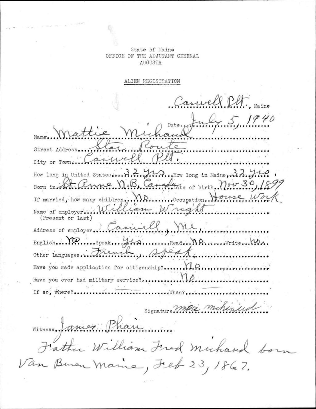 Miniature of Alien Registration- Michaud, Mattie (Allagash, Aroostook County)