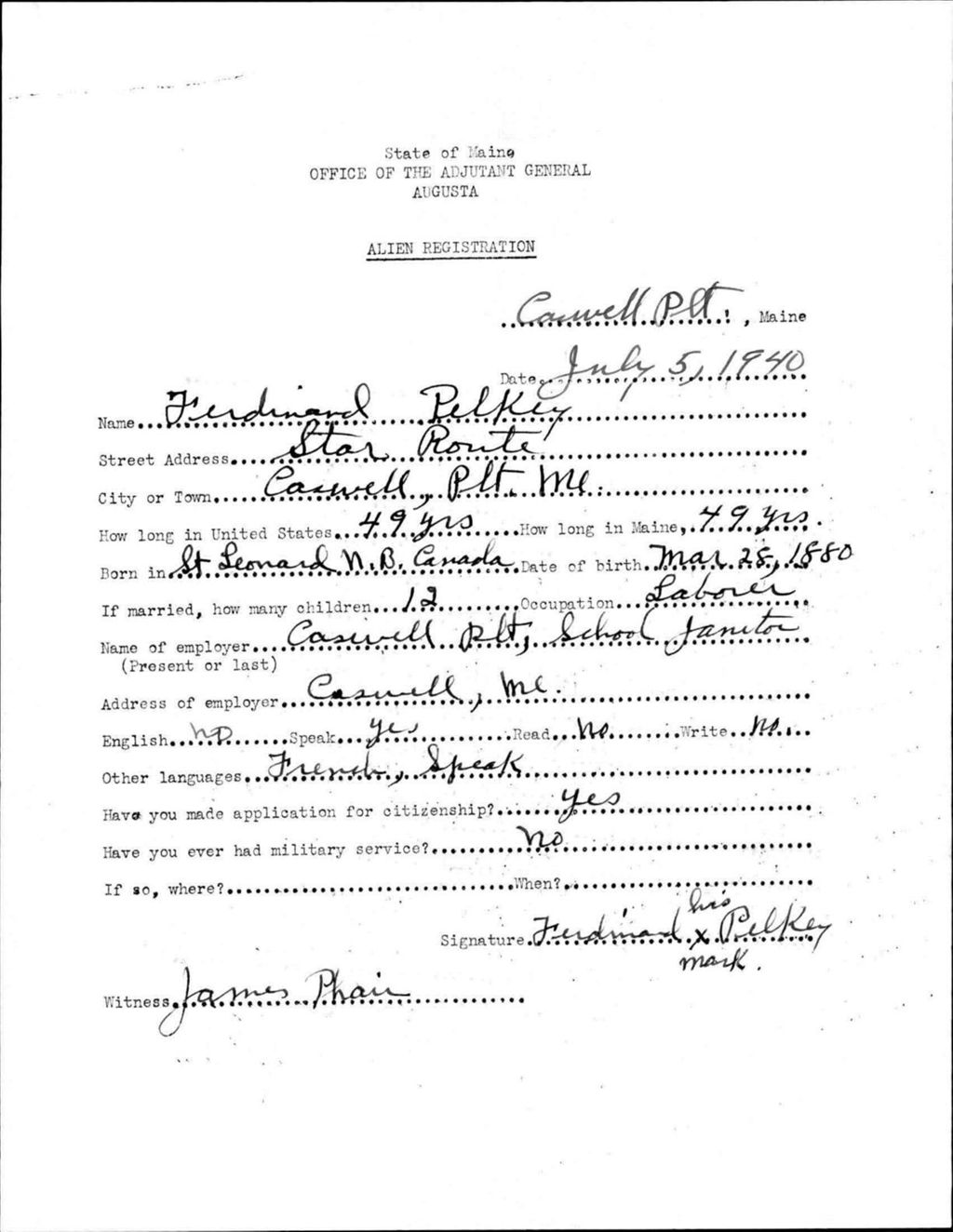 Miniature of Alien Registration- Pelkey, Ferdinand (Allagash, Aroostook County)