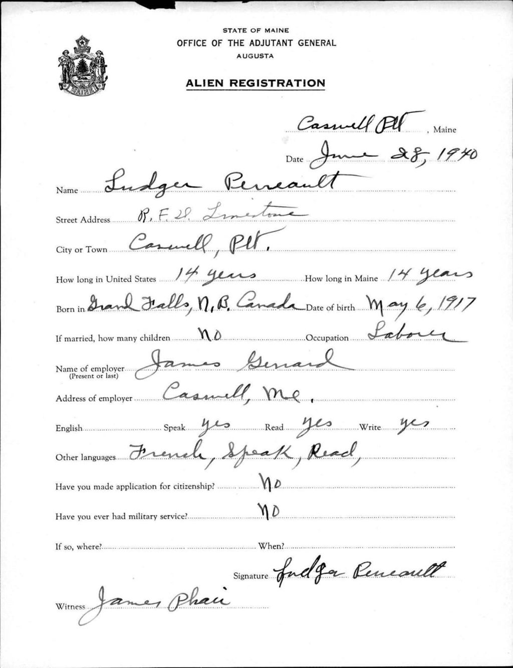 Miniature of Alien Registration- Perreault, Ludger (Allagash, Aroostook County)