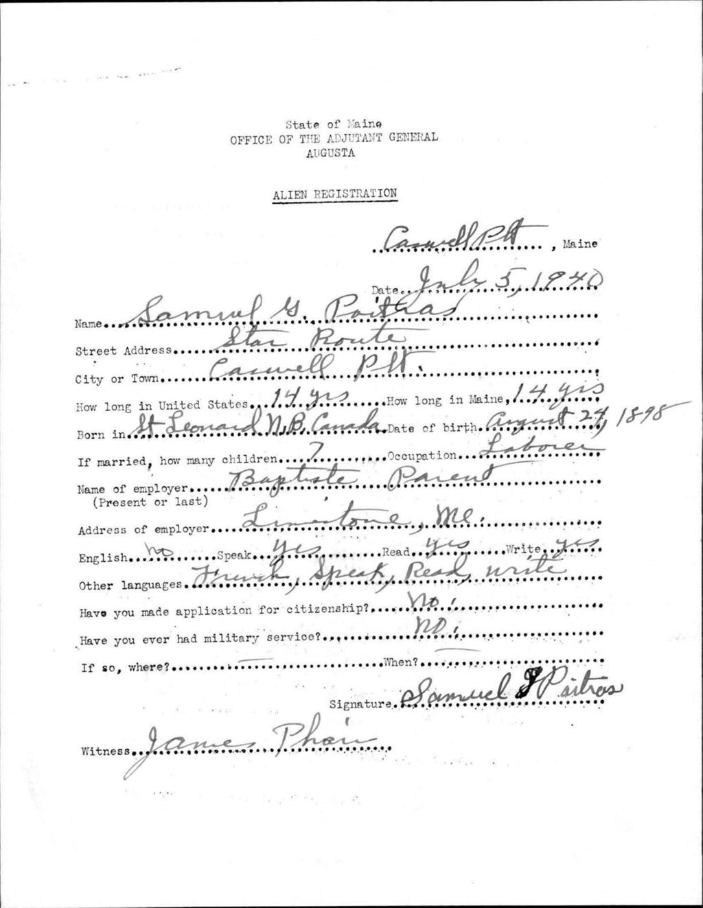 Miniature of Alien Registration- Poitras, Samuel G. (Allagash, Aroostook County)