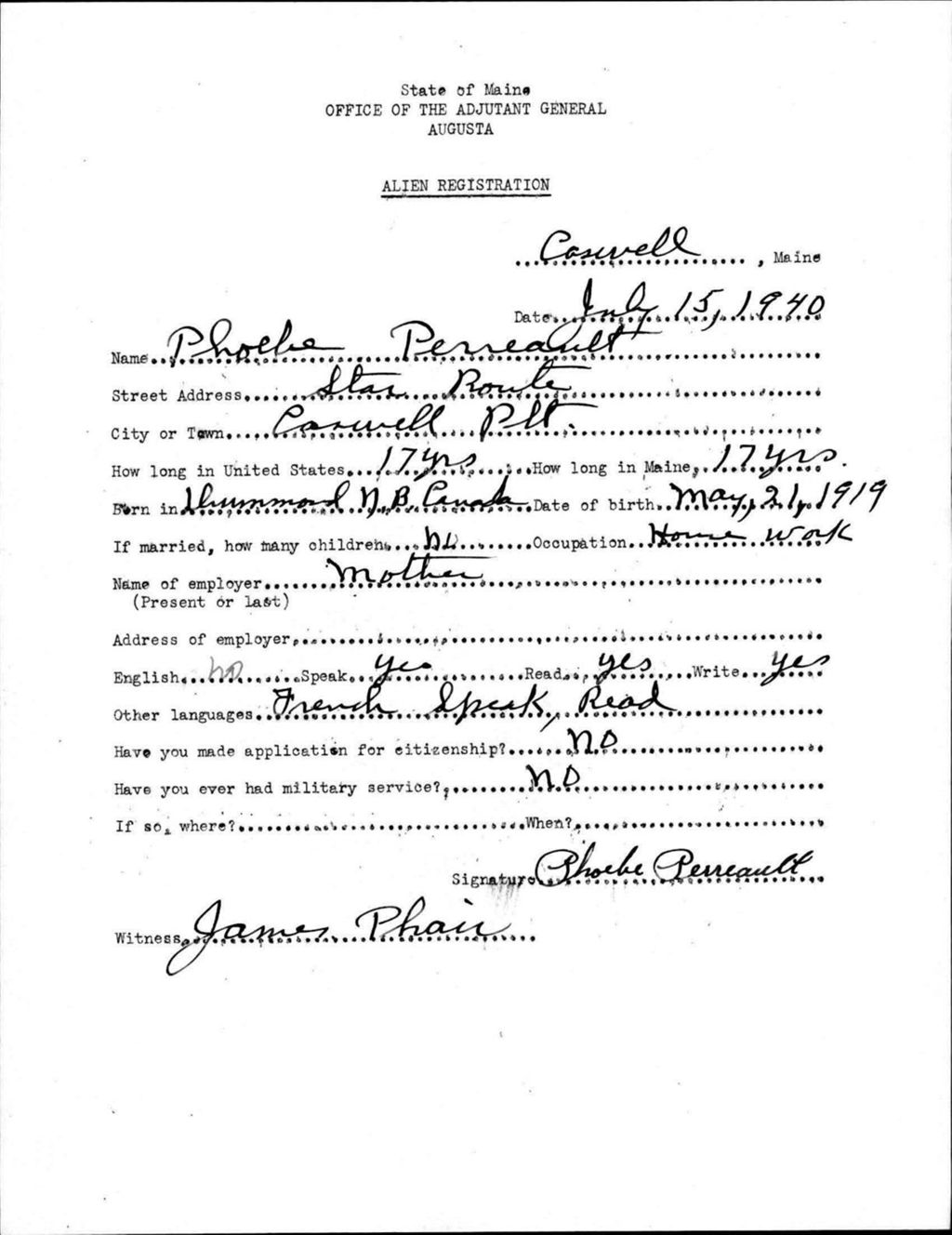 Miniature of Alien Registration- Perreault, Phoebe (Allagash, Aroostook County)