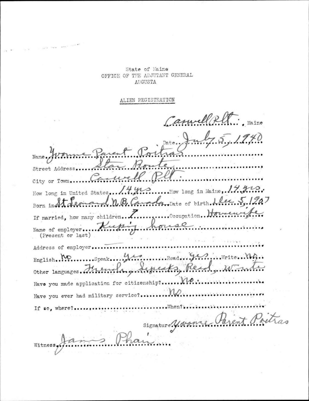 Miniature of Alien Registration- Parent, Yvonne (Allagash, Aroostook County)