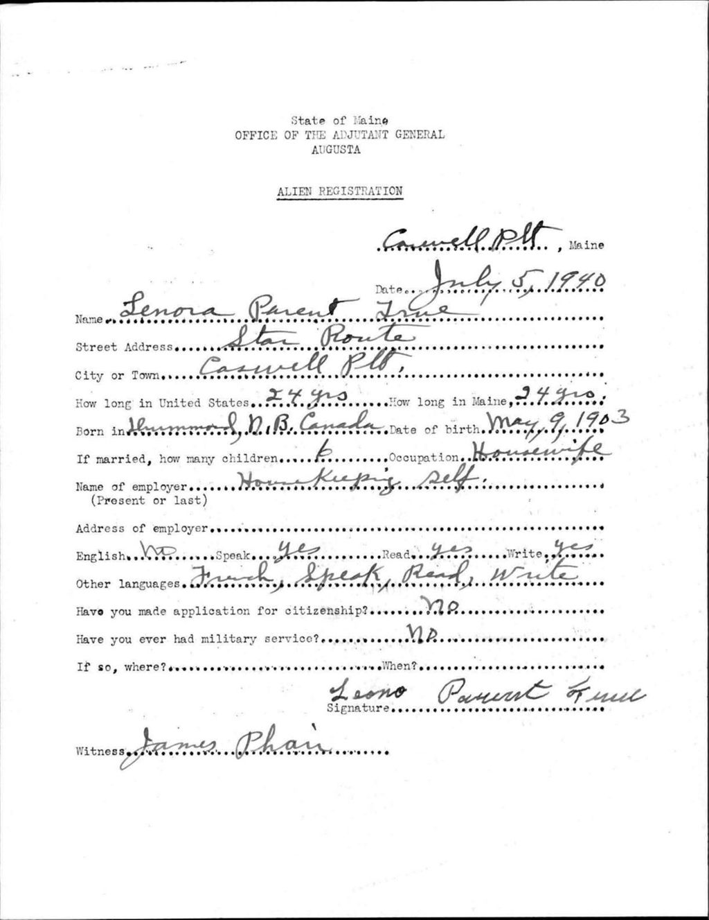 Miniature of Alien Registration- Parent, Lenora (Allagash, Aroostook County)