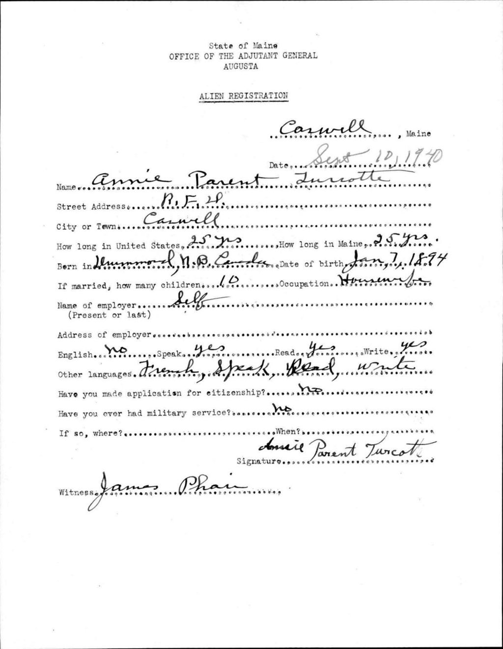 Miniature of Alien Registration- Parent, Annie (Allagash, Aroostook County)