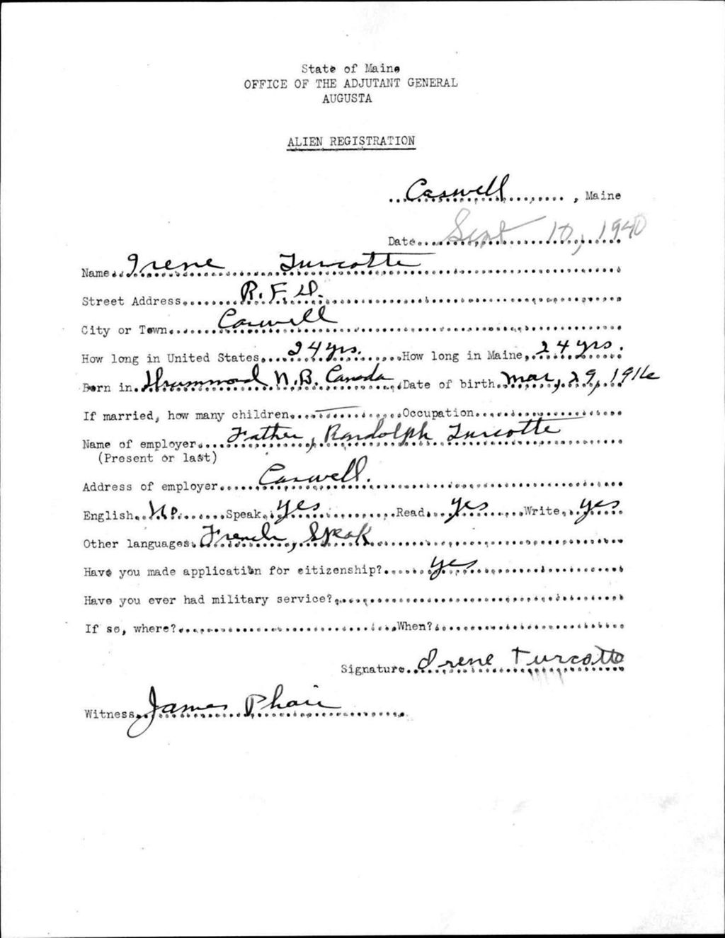 Miniature of Alien Registration- Turcotte, Irene (Allagash, Aroostook County)