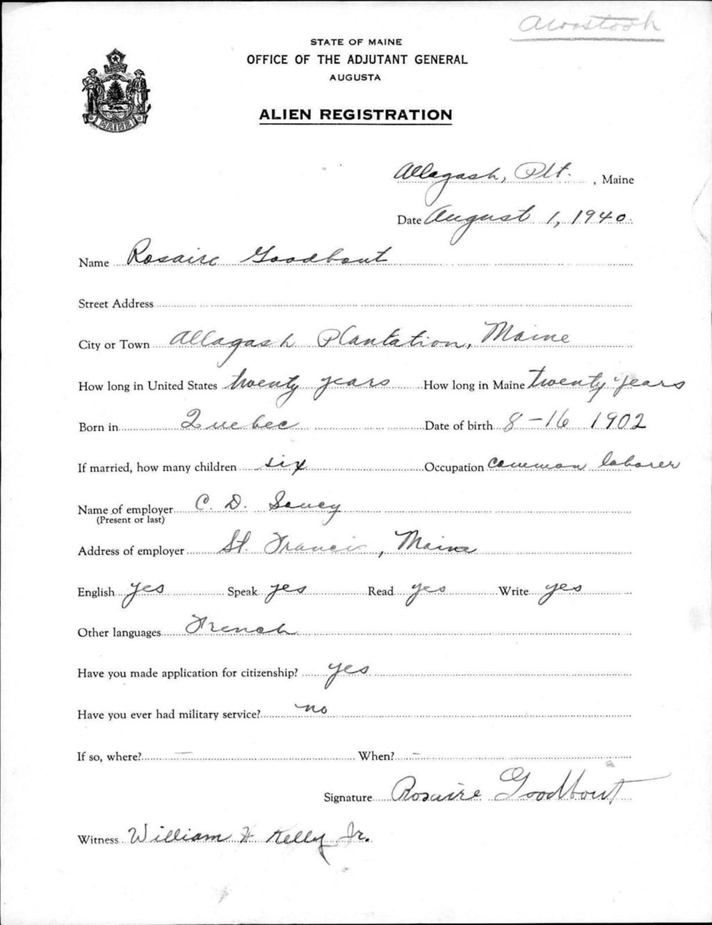 Miniature of Alien Registration- Goodbout, Rosaire (Allagash Plantation, Aroostook County)