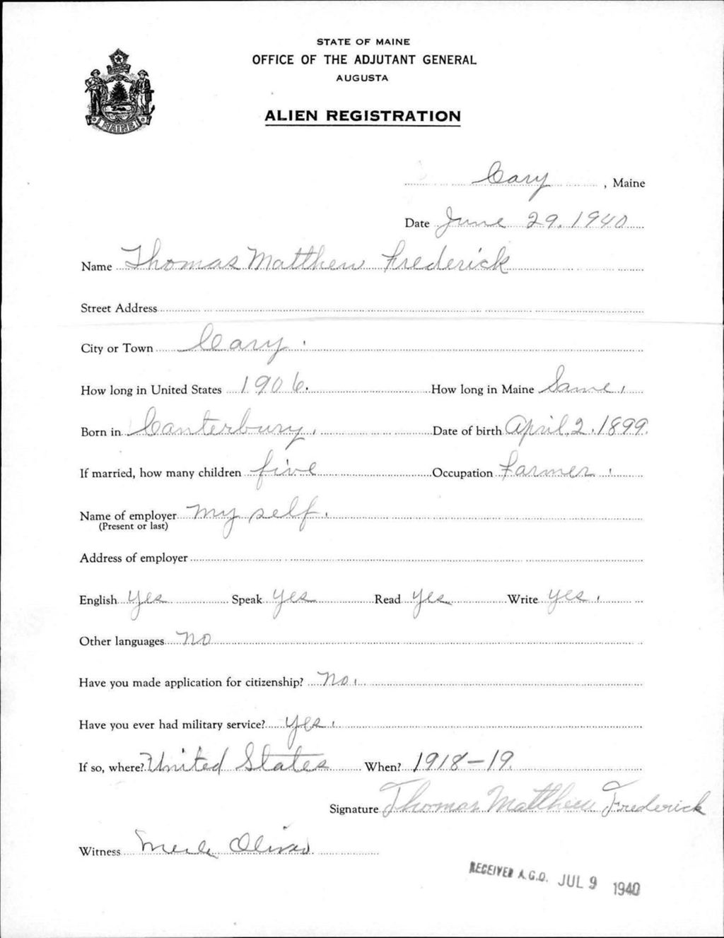 Miniature of Alien Registration- Frederick, Thomas M. (Allagash, Aroostook County)