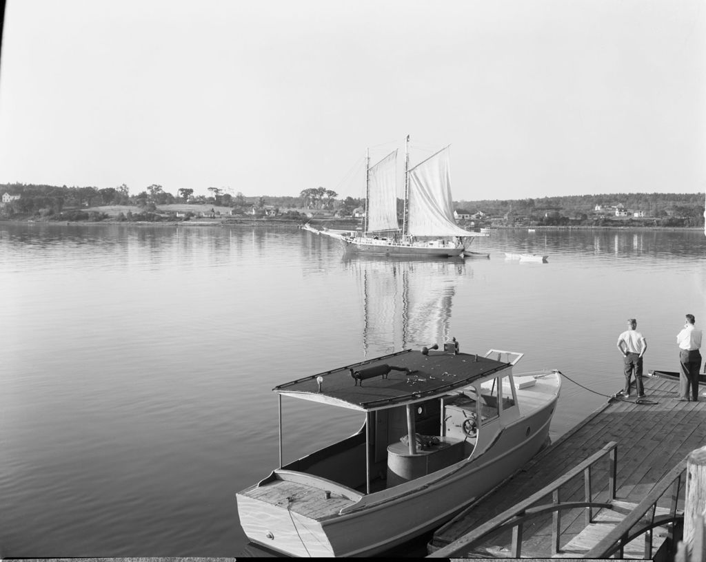 Miniature of Boat Tied In At Dock, Two Masted Schooner Getting Under Way In Belfast Harbor