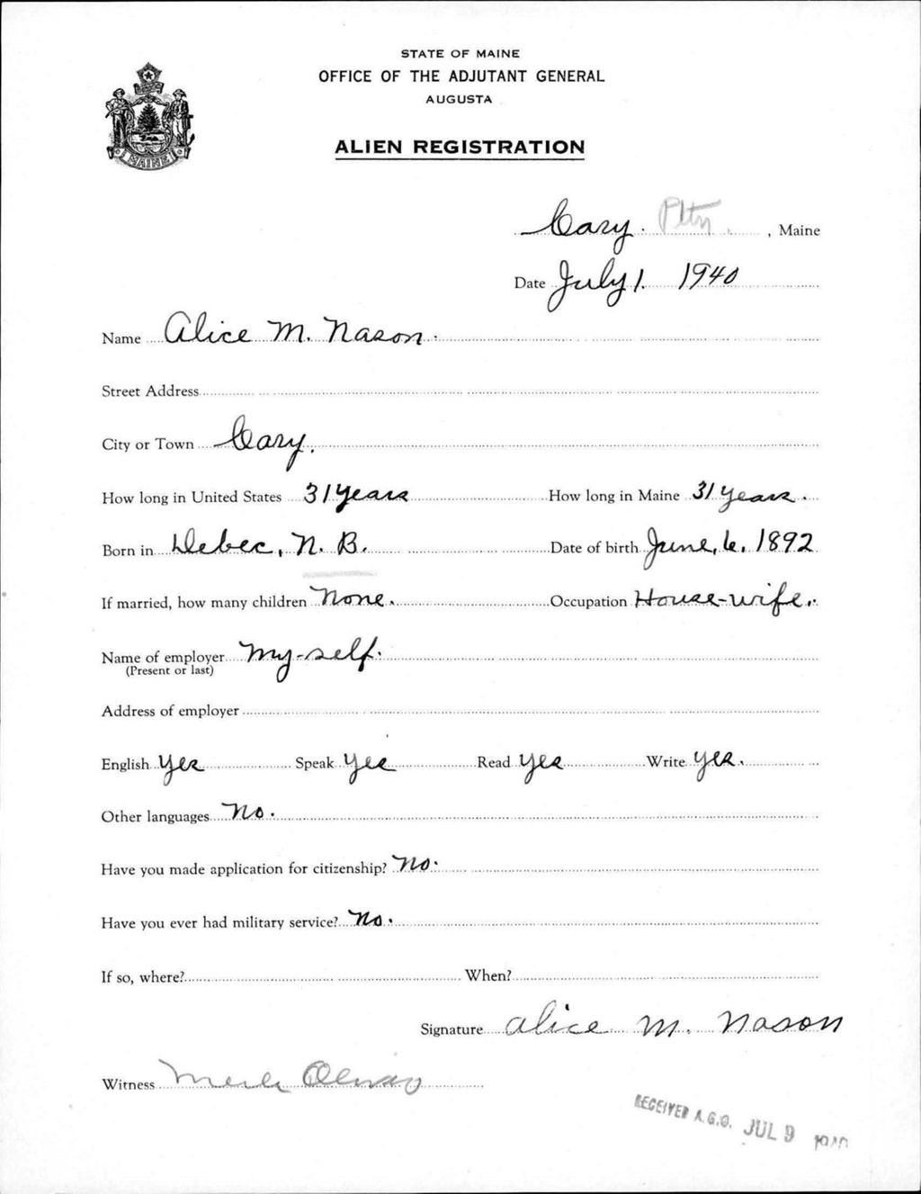 Miniature of Alien Registration- Nason, Alice M. (Allagash, Aroostook County)