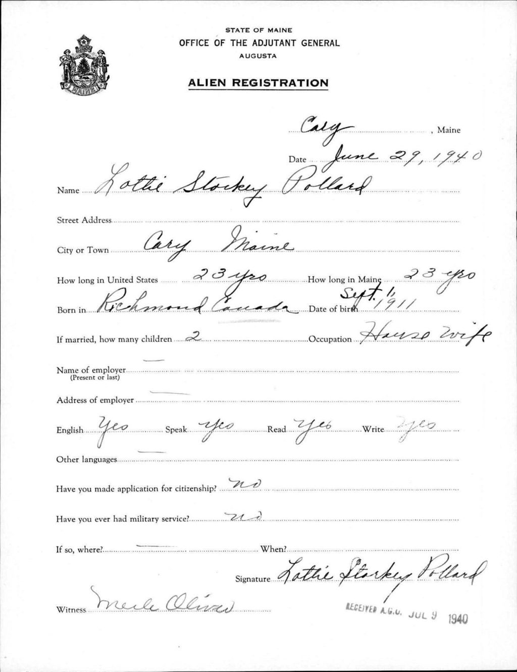 Miniature of Alien Registration- Stockey, Lottie (Allagash, Aroostook County)