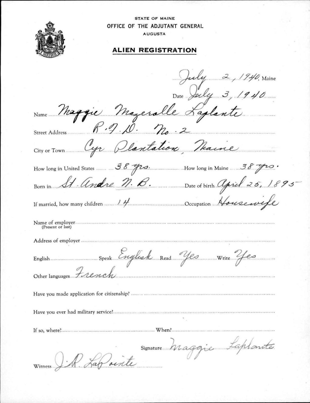 Miniature of Alien Registration- Mazerolle, Maggie (Allagash, Aroostook County)