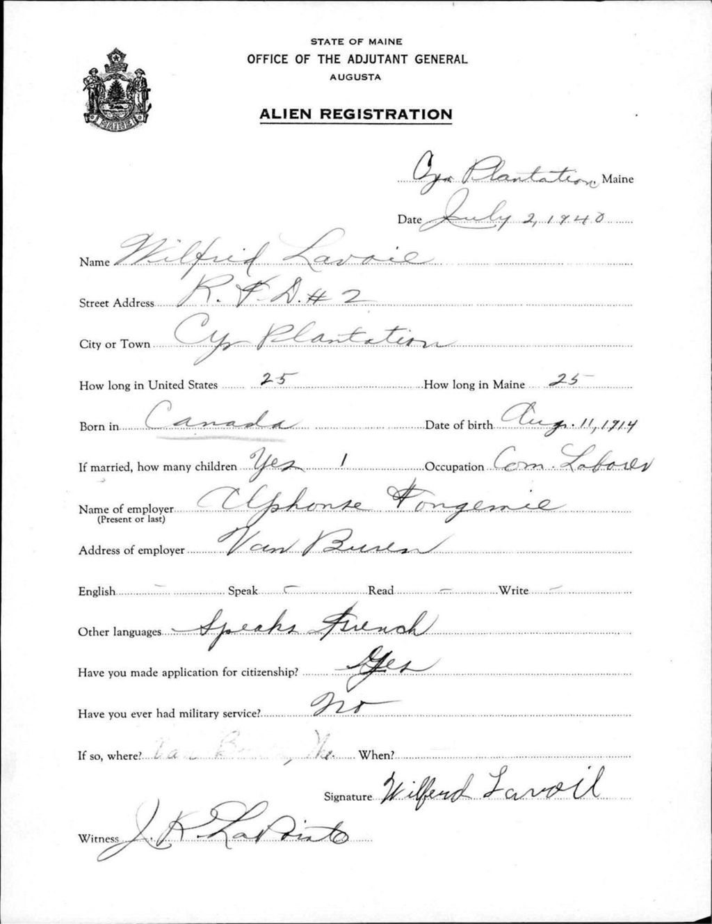 Miniature of Alien Registration- Lavoie, Wilfred (Allagash, Aroostook County)