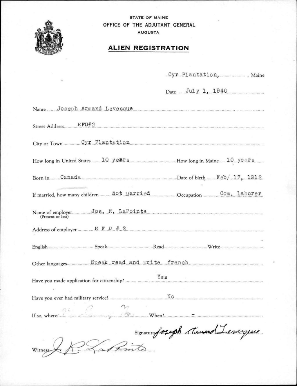Miniature of Alien Registration- Levesque, Joseph A. (Allagash, Aroostook County)