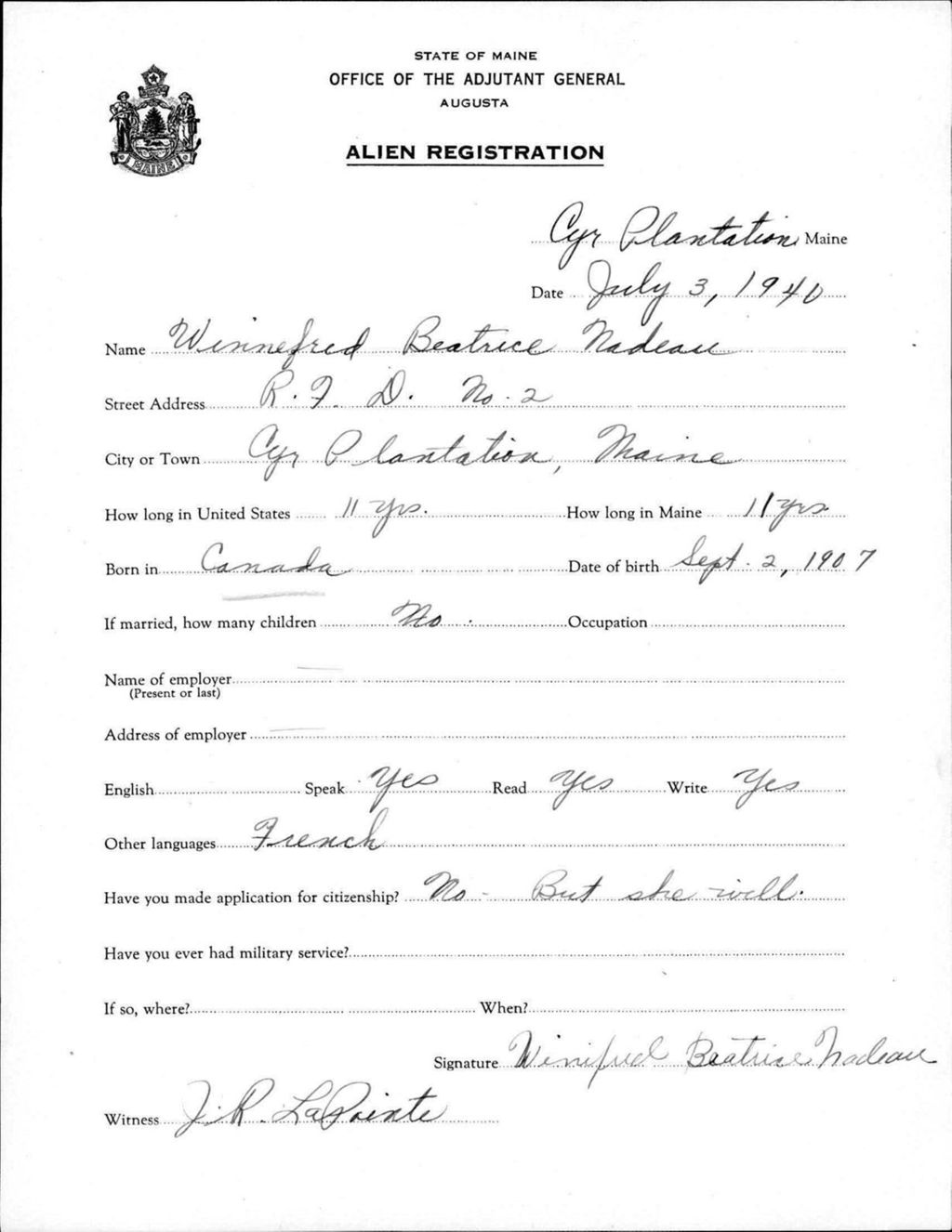 Miniature of Alien Registration- Nadeau, Winnefred B. (Allagash, Aroostook County)