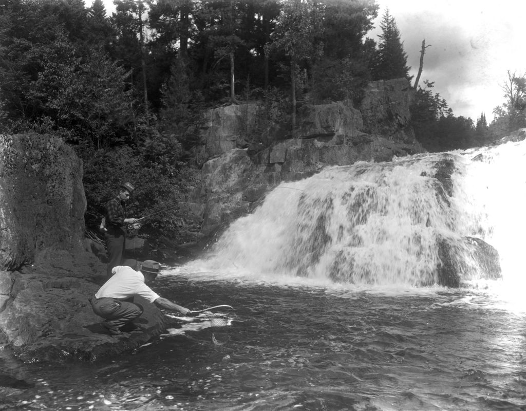 Miniature of Two Men Fishing Stream, One Netting Fish In Rangeley