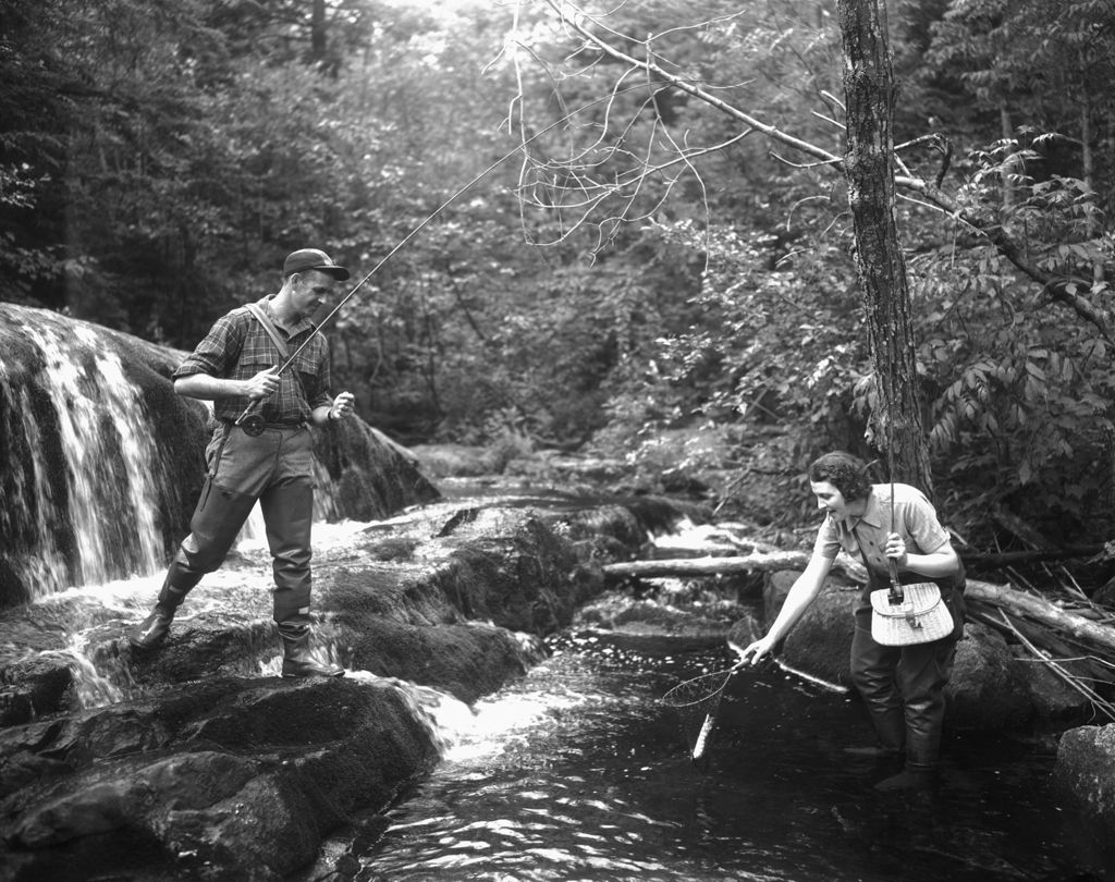 Miniature of Man And Woman Stream Fishing, She Netting Catch For Him In West Branch