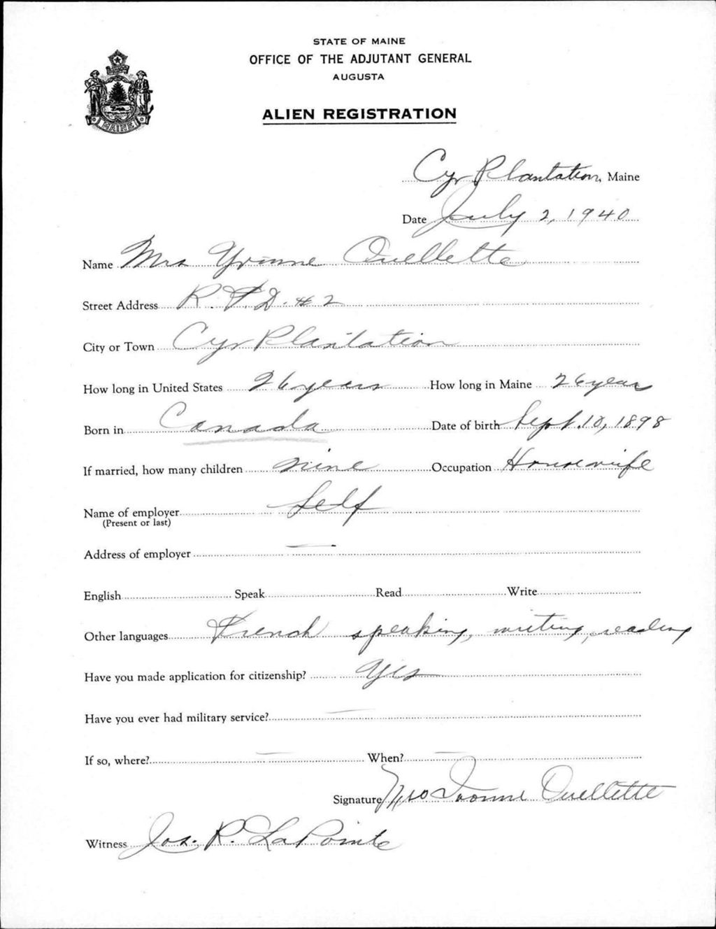 Miniature of Alien Registration- Ouellette, Yvonne (Allagash, Aroostook County)