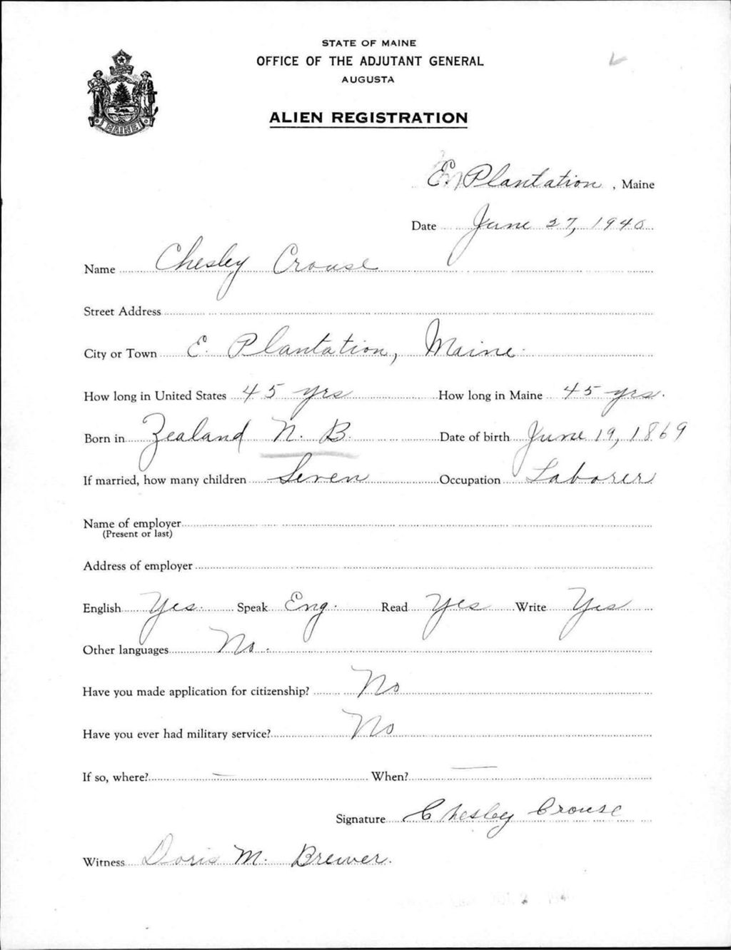 Miniature of Alien Registration- Crouse, Chesley (Allagash, Aroostook County)