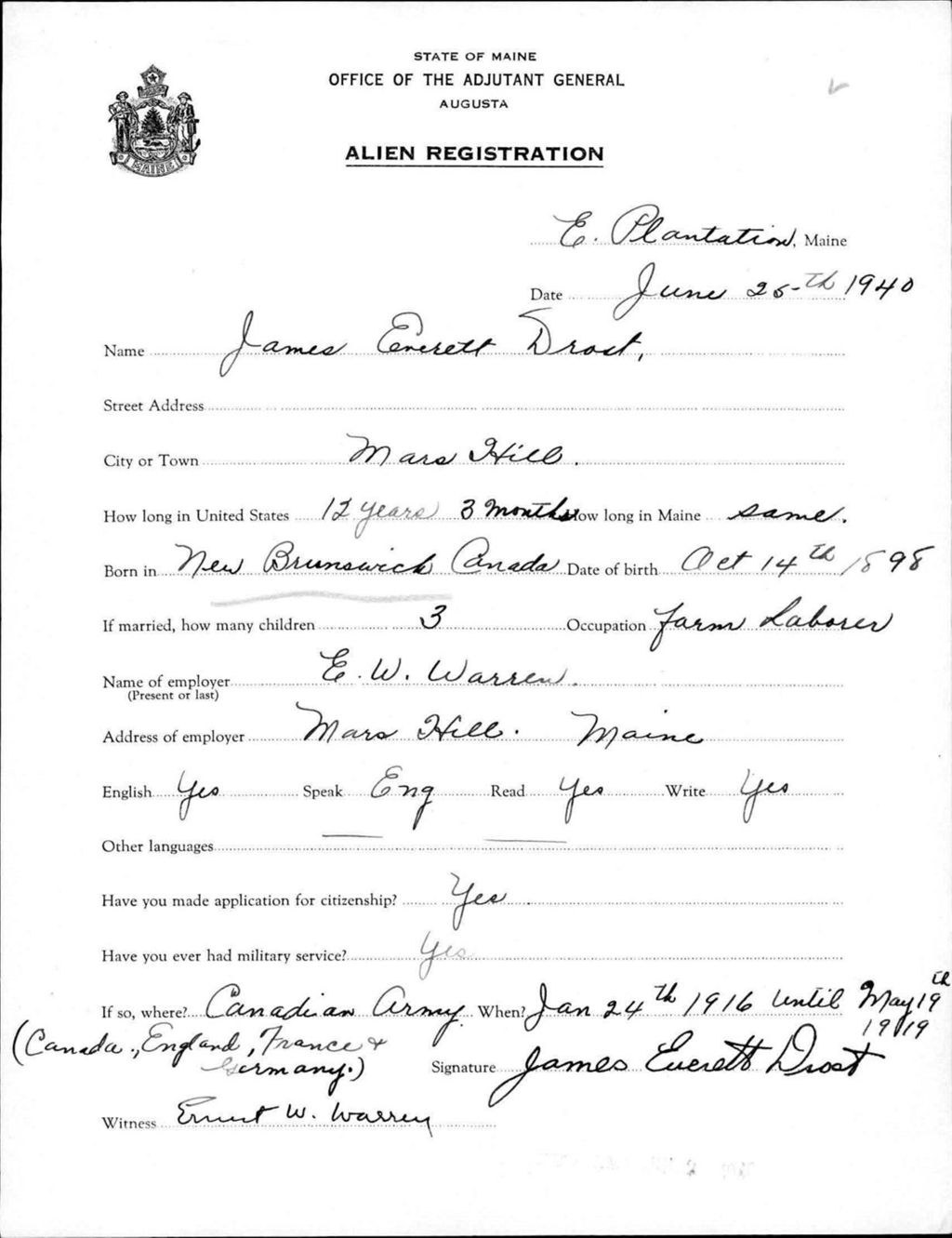 Miniature of Alien Registration- Drost, James E. (Allagash, Aroostook County)
