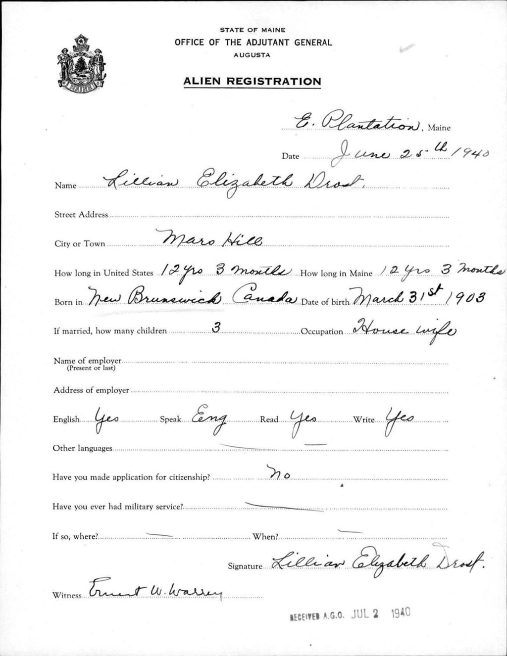 Miniature of Alien Registration- Drost, Lillian E. (Allagash, Aroostook County)