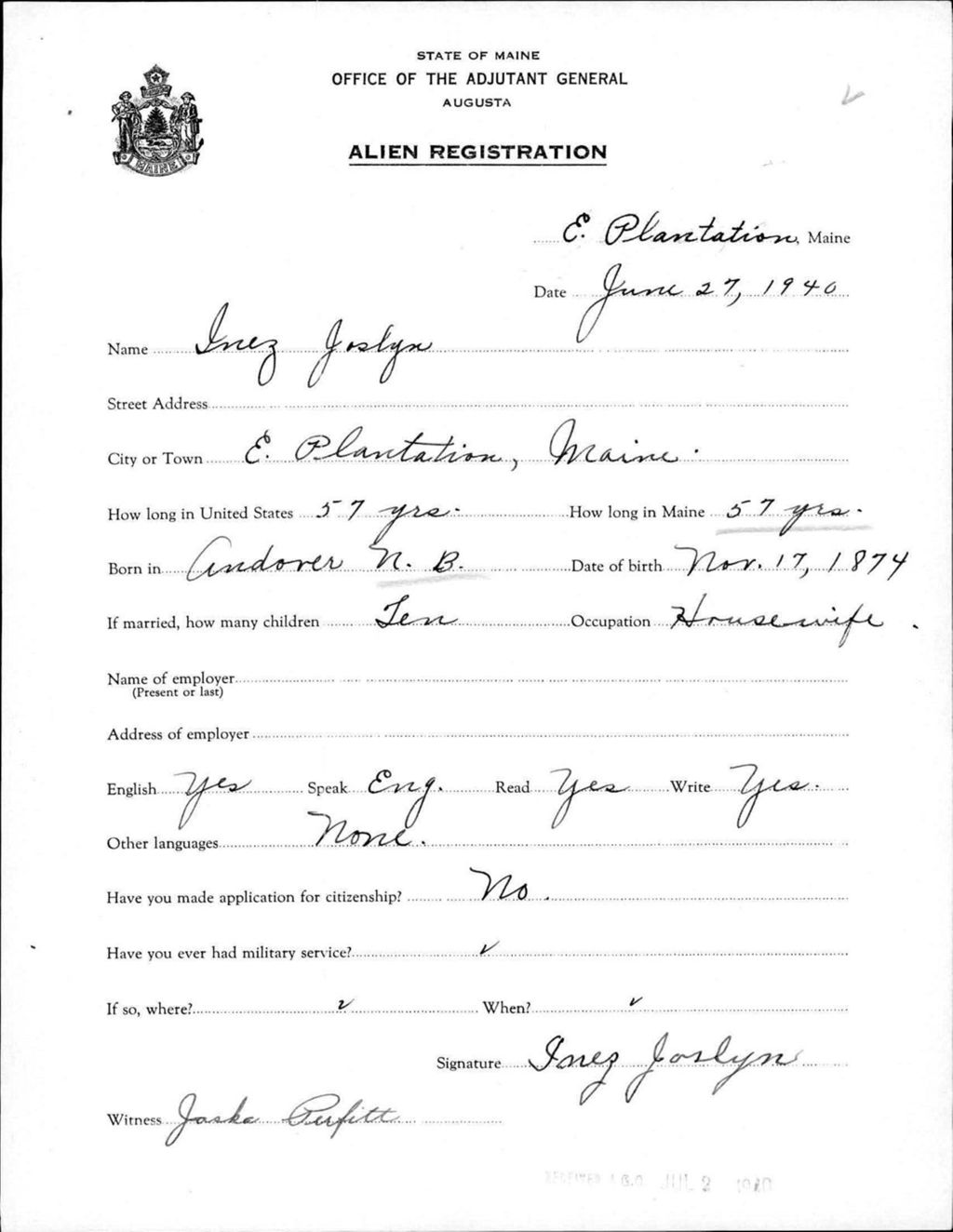 Miniature of Alien Registration- Joslyn, Inez (Allagash, Aroostook County)