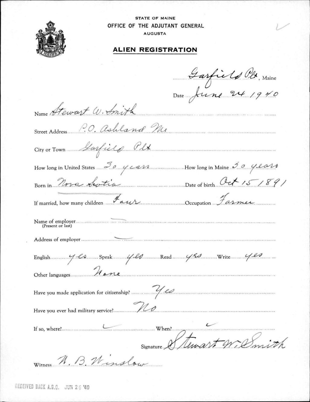 Miniature of Alien Registration- Smith, Stewart W. (Allagash, Aroostook County)