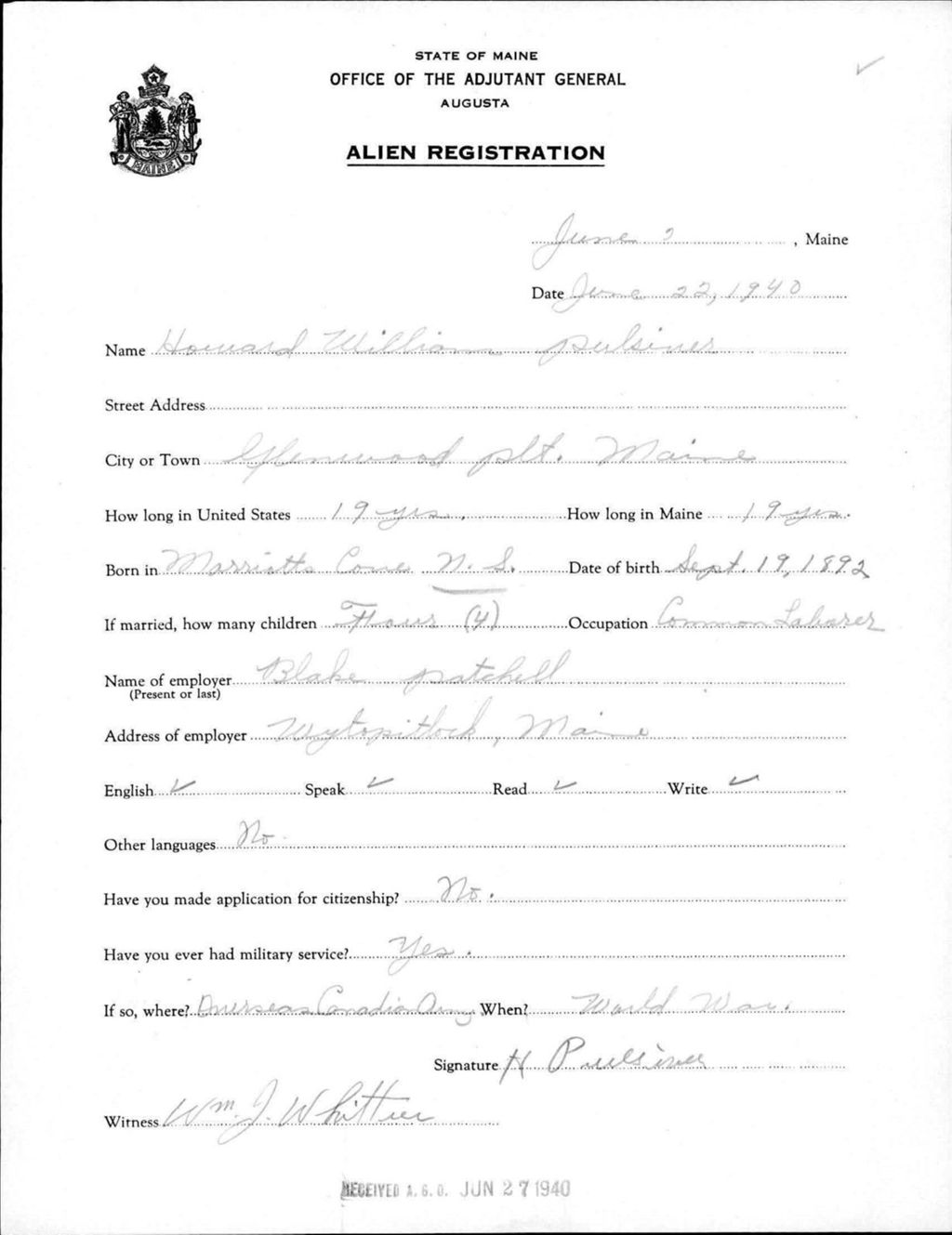 Miniature of Alien Registration- Pulsiner, Howard W. (Allagash, Aroostook County)