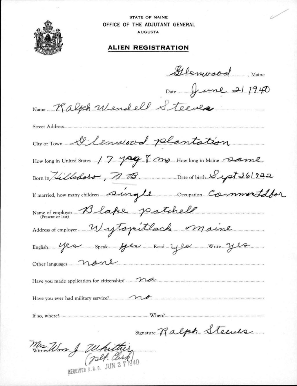 Miniature of Alien Registration- Steeves, Ralph W. (Allagash, Aroostook County)