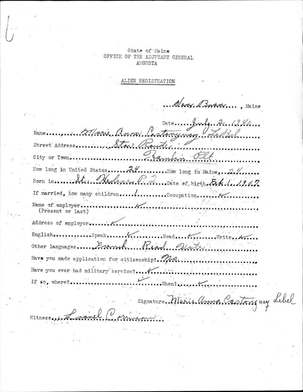 Miniature of Alien Registration- Castonguay, Marie Anna (Hamlin, Aroostook County)