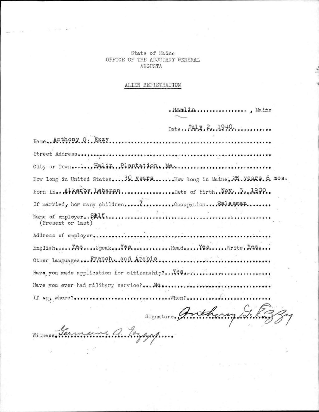 Miniature of Alien Registration- Ezzy, Anthony G. (Allagash, Aroostook County)
