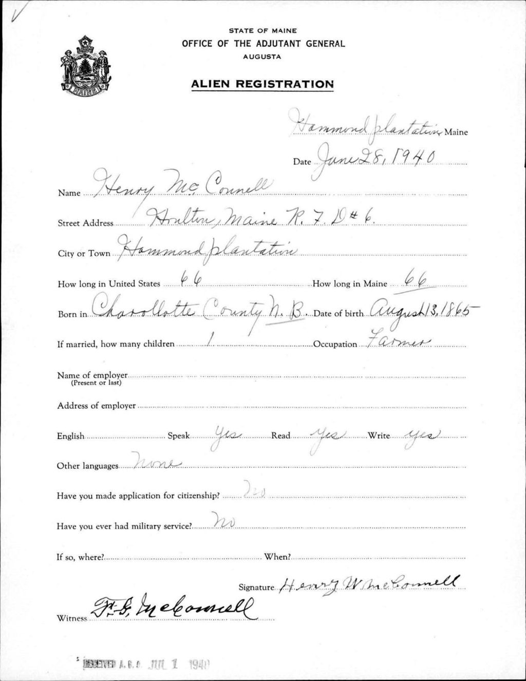 Miniature of Alien Registration- Mcconnell, Henry (Allagash, Aroostook County)