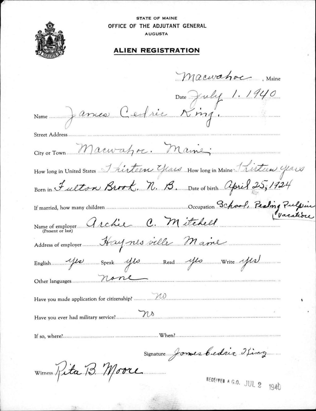 Miniature of Alien Registration- King, James C. (Allagash, Aroostook County)