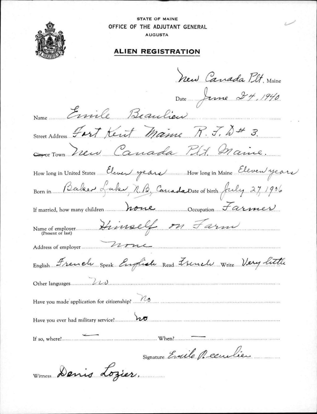 Miniature of Alien Registration- Beaulieu, Emile (Allagash, Aroostook County)