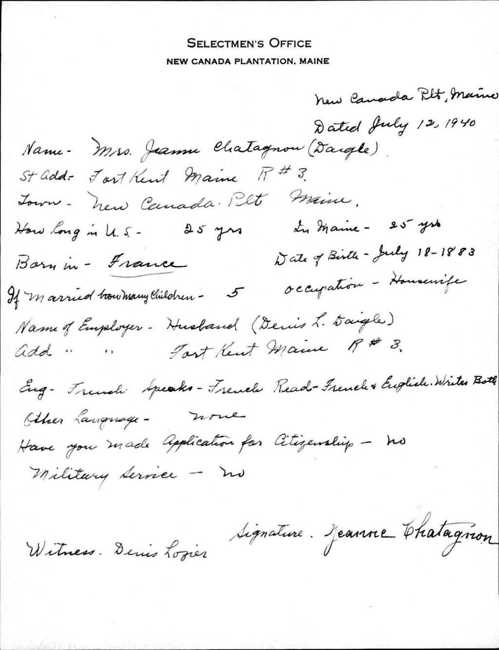 Miniature of Alien Registration- Chatagnon, Jeanne (Allagash, Aroostook County)