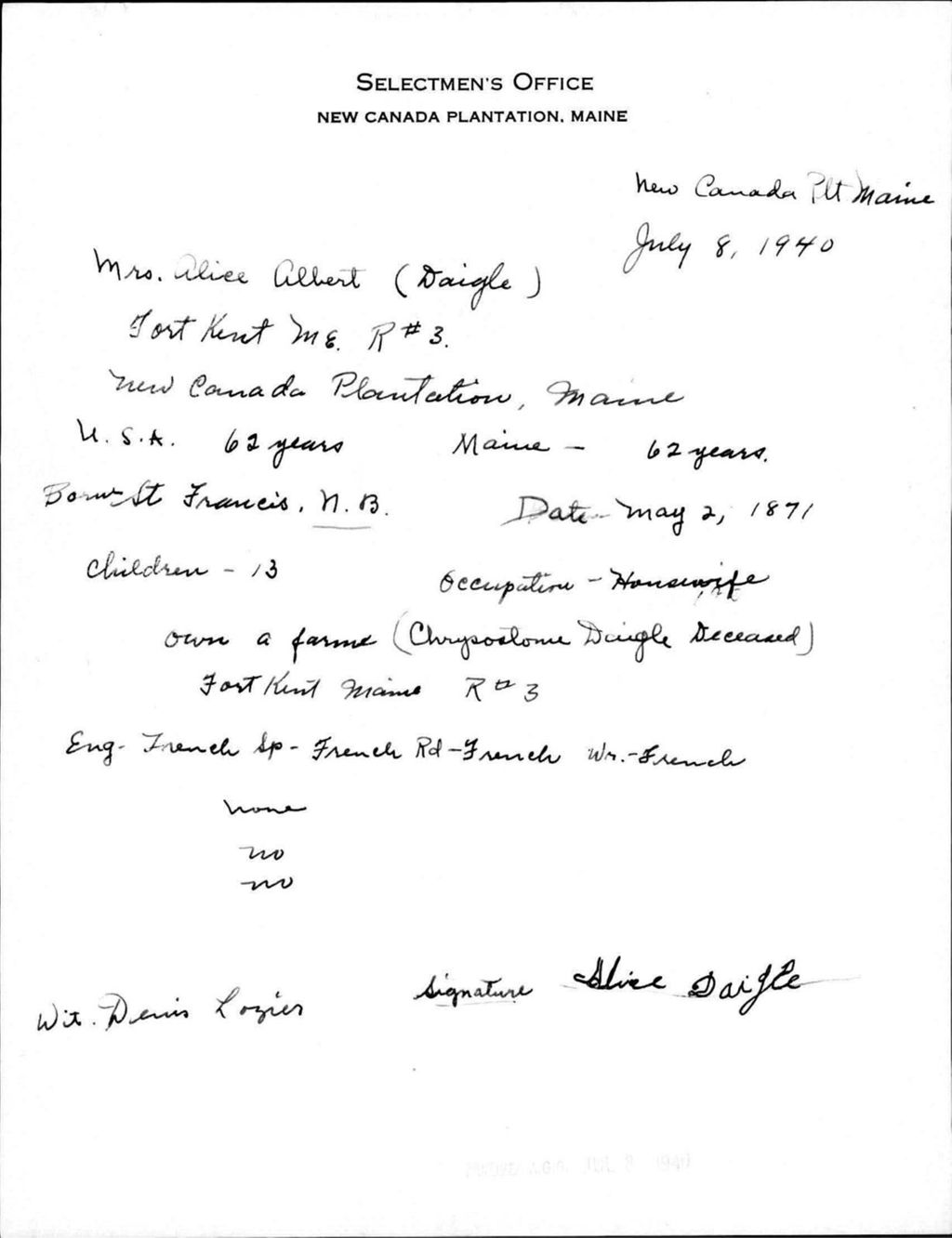 Miniature of Alien Registration- Albert, Alice (Allagash, Aroostook County)