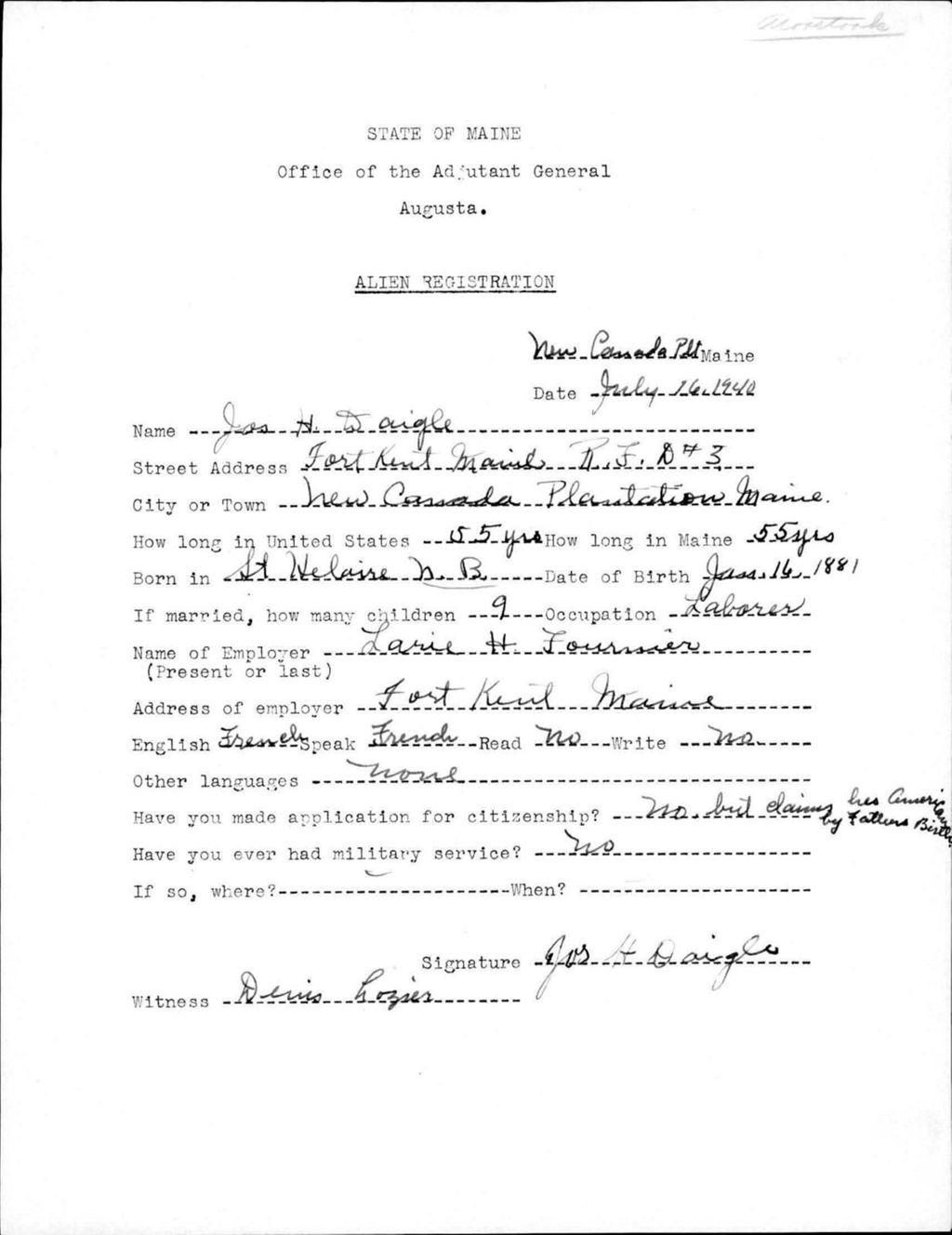 Miniature of Alien Registration- Daigle, Joseph H. (Allagash, Aroostook County)