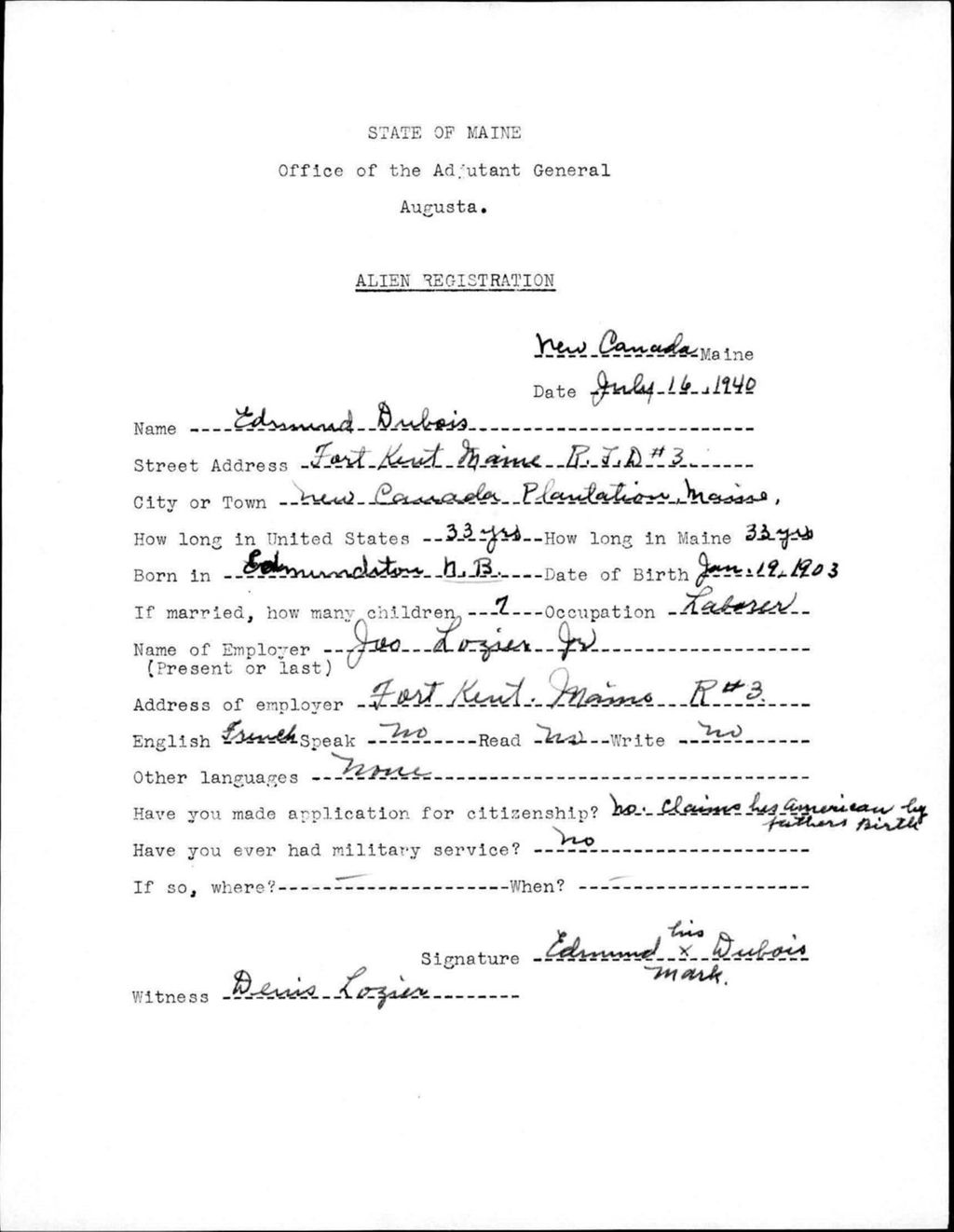 Miniature of Alien Registration- Dubois, Edmund (Allagash, Aroostook County)