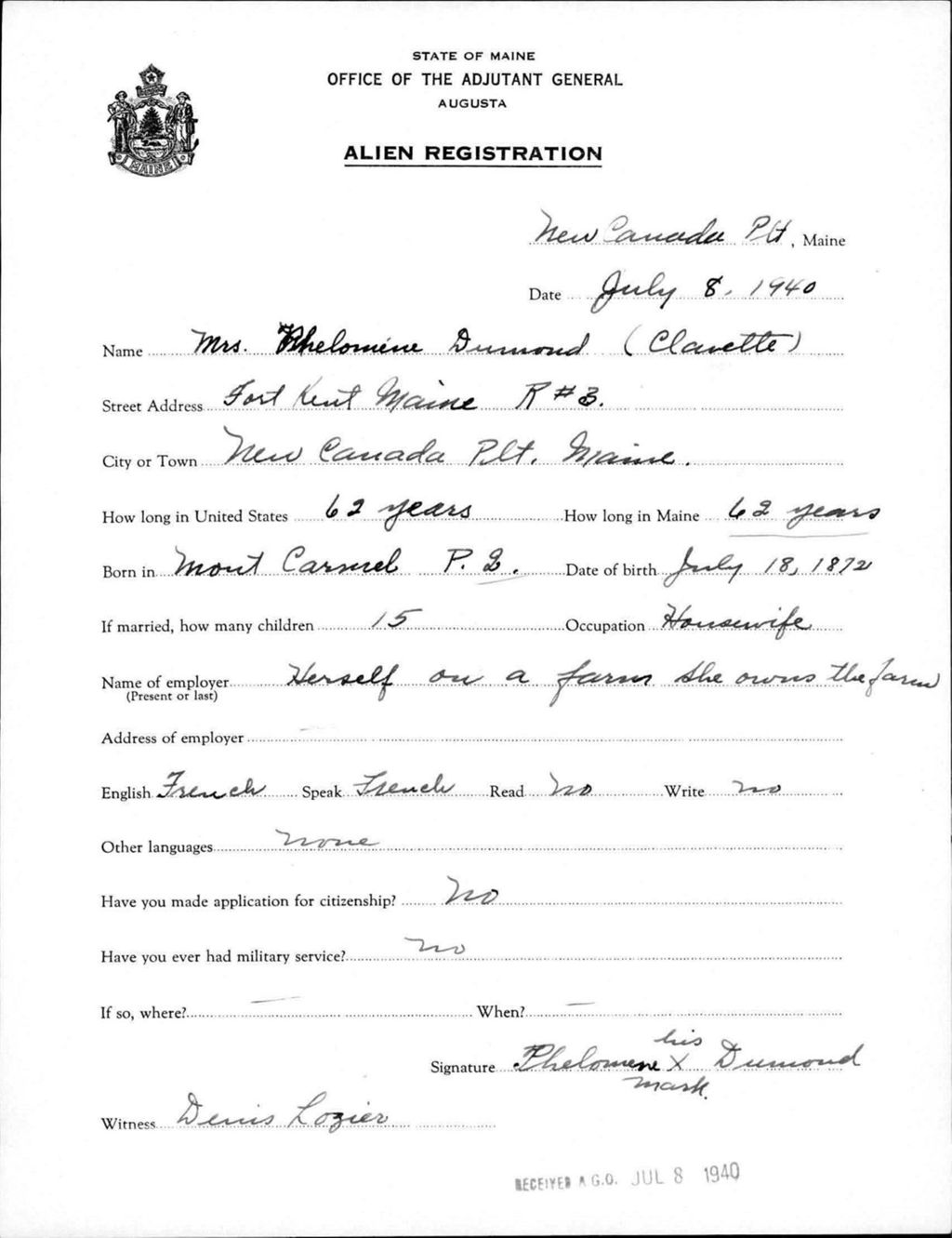 Miniature of Alien Registration- Clavette, Phelormine (Allagash, Aroostook County)