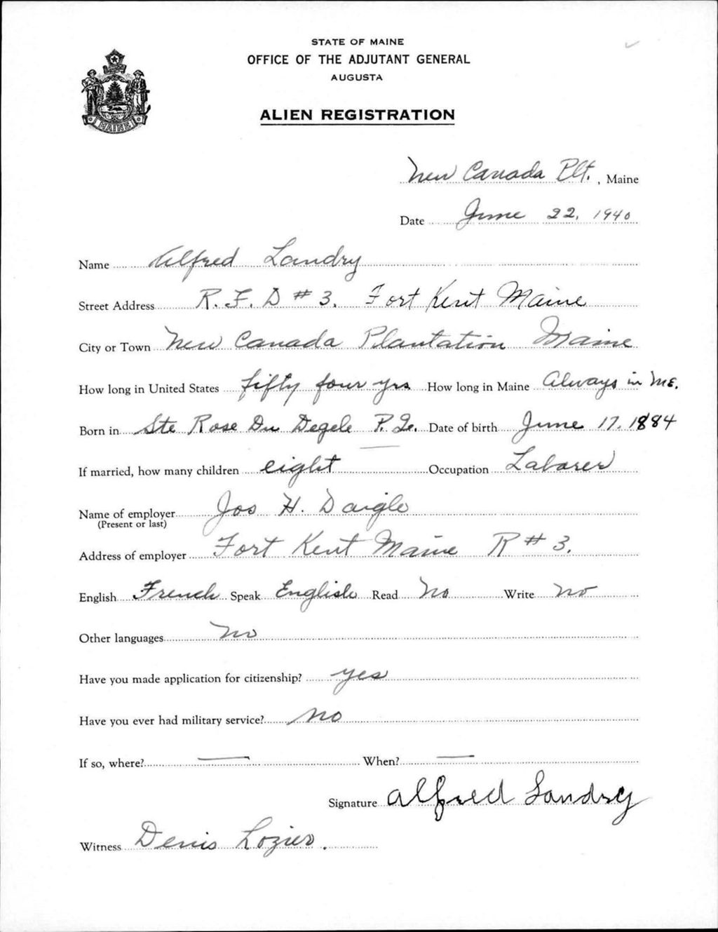Miniature of Alien Registration- Landry, Alfred (Allagash, Aroostook County)