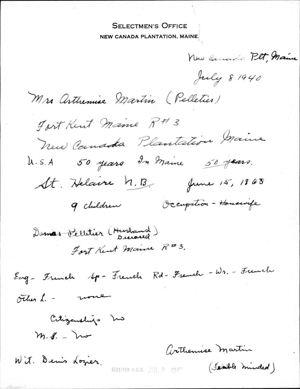 Miniature of Alien Registration- Martin, Arthenise (Allagash, Aroostook County)
