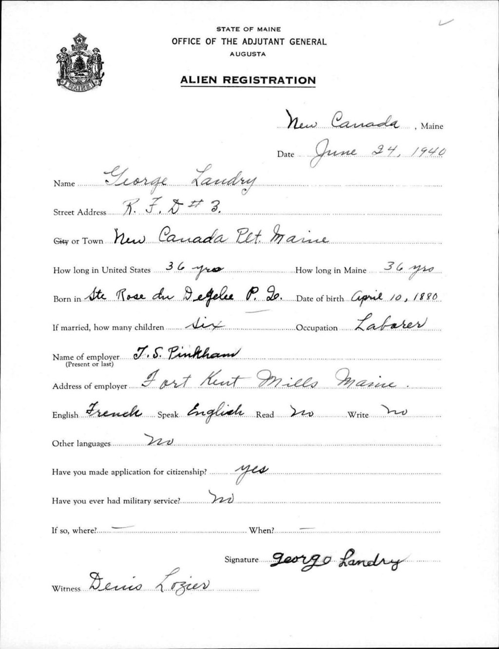 Miniature of Alien Registration- Landry, George (Allagash, Aroostook County)