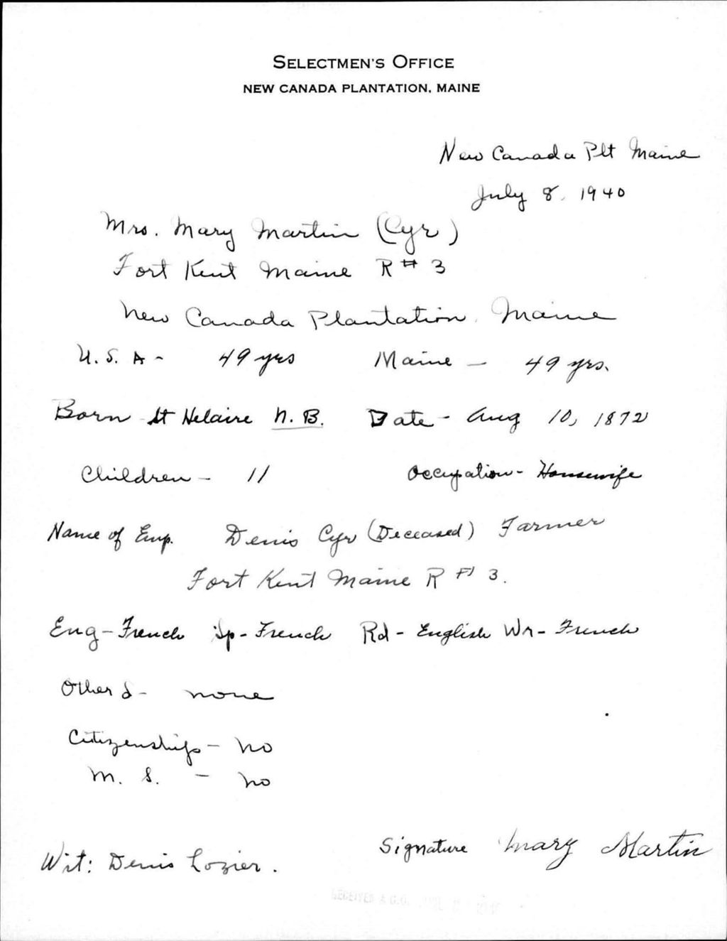Miniature of Alien Registration- Cyr, Mary (Allagash, Aroostook County)