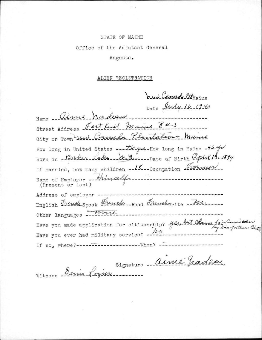 Miniature of Alien Registration- Nadeau, Aime (Allagash, Aroostook County)
