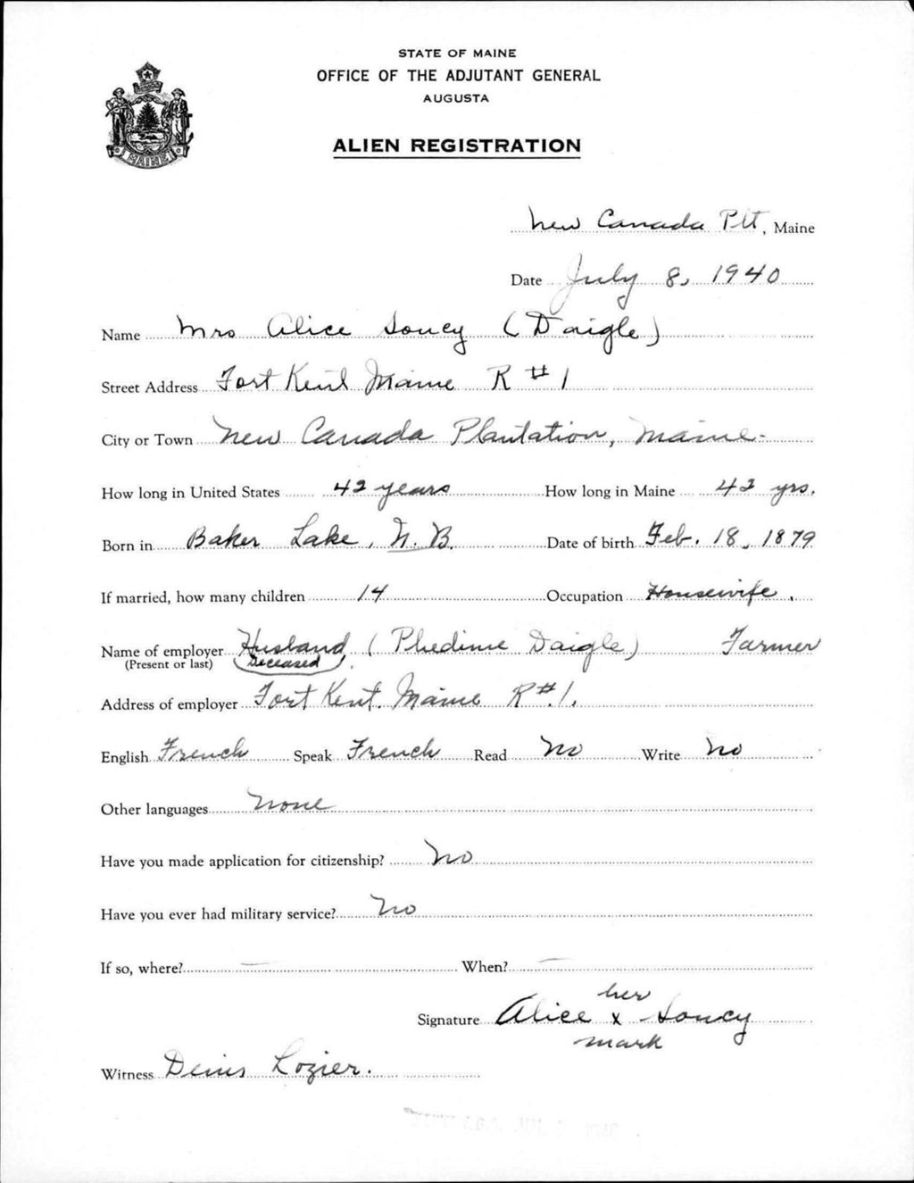 Miniature of Alien Registration- Soucy, Alice (Allagash, Aroostook County)