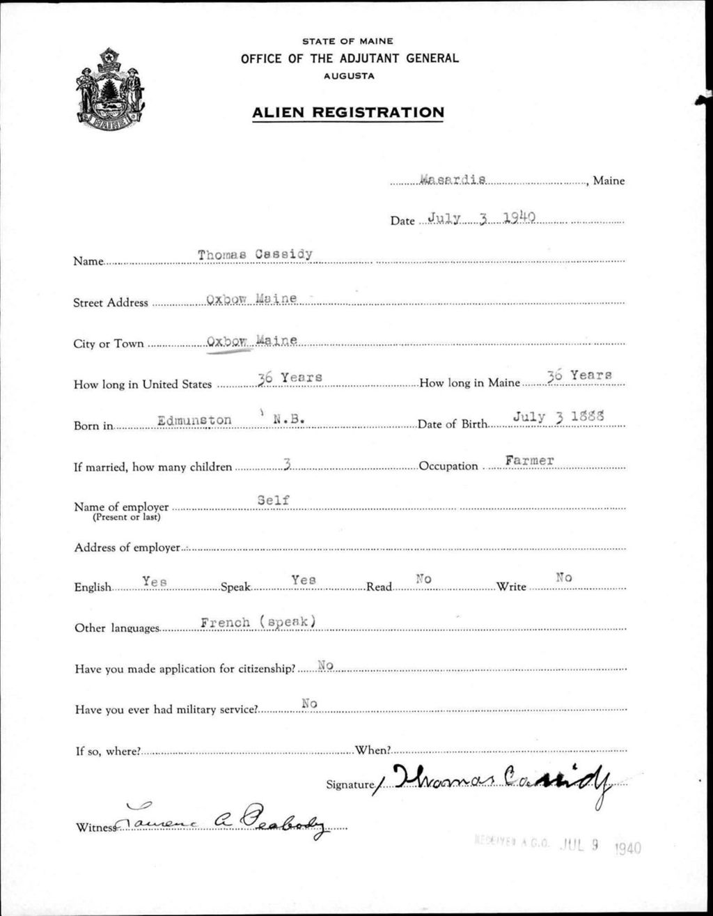 Miniature of Alien Registration- Cassidy, Thomas (Allagash, Aroostook County)