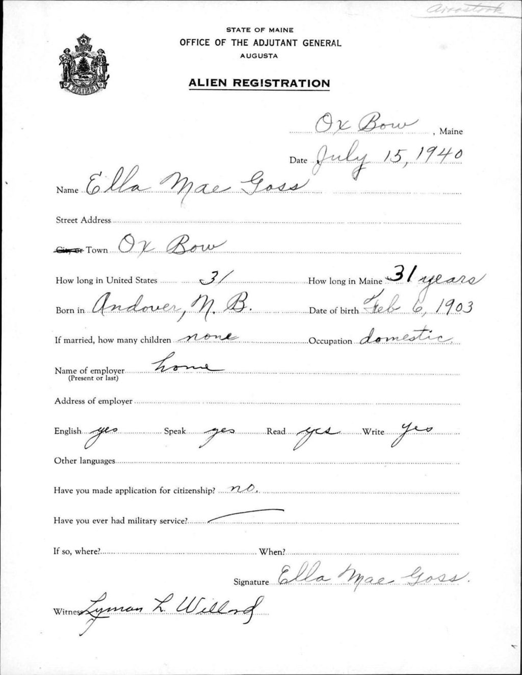 Miniature of Alien Registration- Goss, Ella M. (Allagash, Aroostook County)