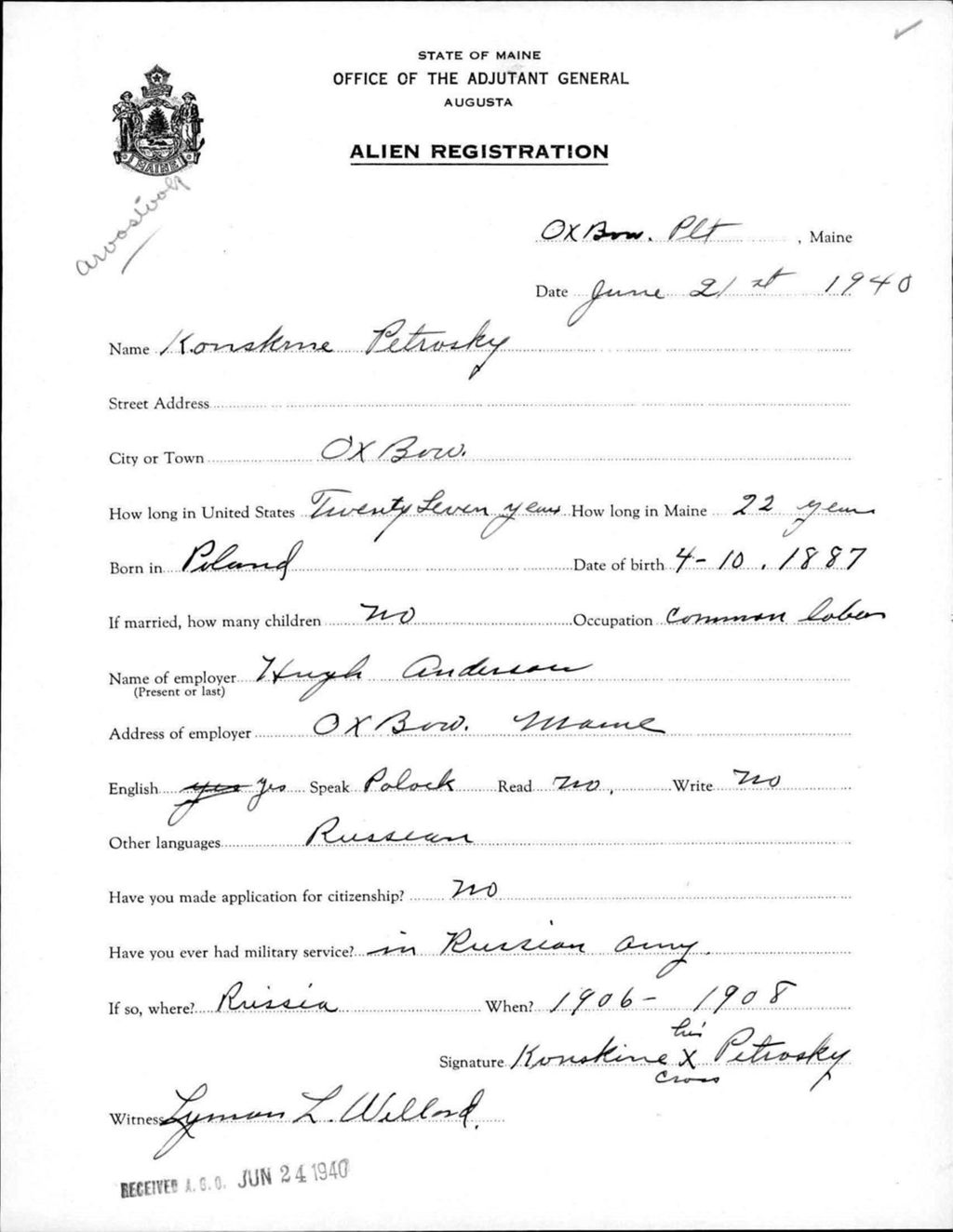 Miniature of Alien Registration- Petrosky, Konokine (Allagash, Aroostook County)