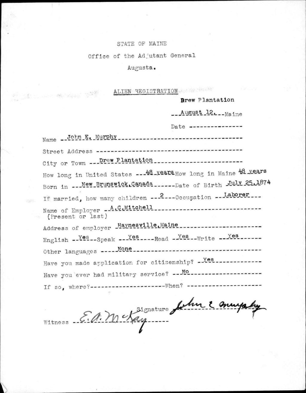 Miniature of Alien Registration- Murphy, John E. (Drew Plantation, Aroostook County)